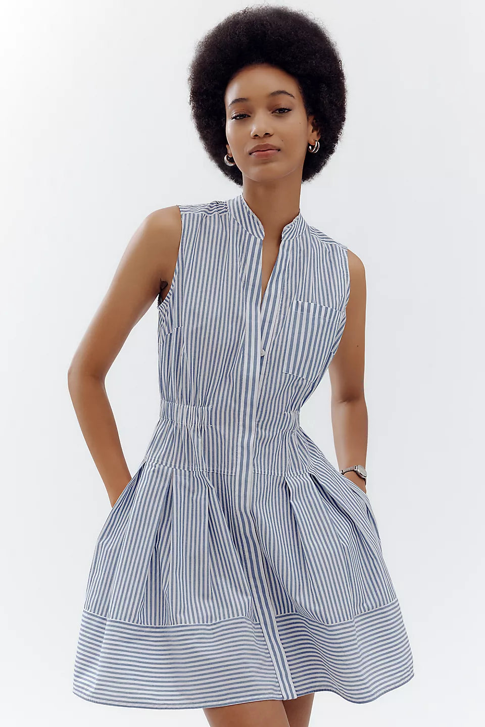 Maeve Sleeveless V-Neck Shirtdress-Blue & White Stripe