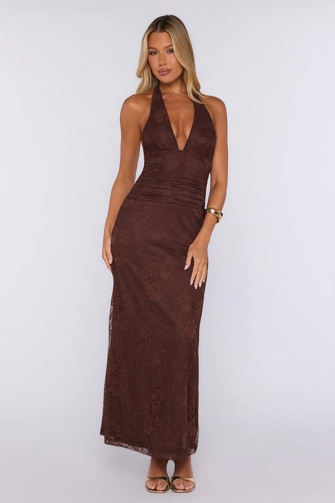 Consider It Done Lace Halter Maxi Dress Brown